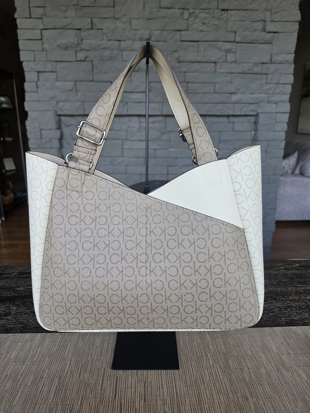 Calvin Klein Two-Tone Beige & Cream Monogram Tote with Pouch